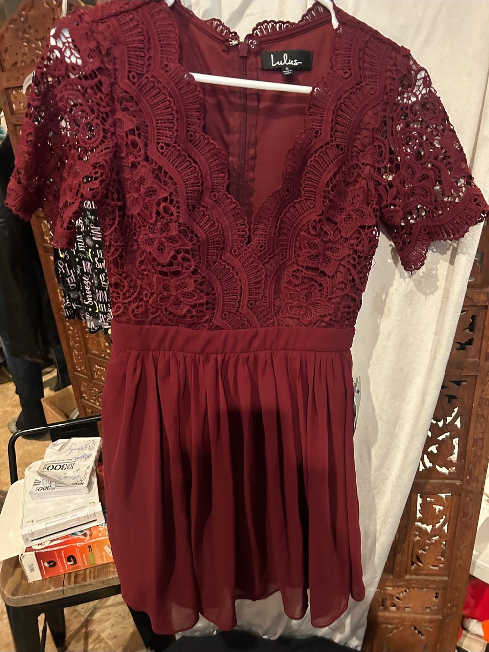 Lulu's Wine Lace V-Neck Mini Dress
